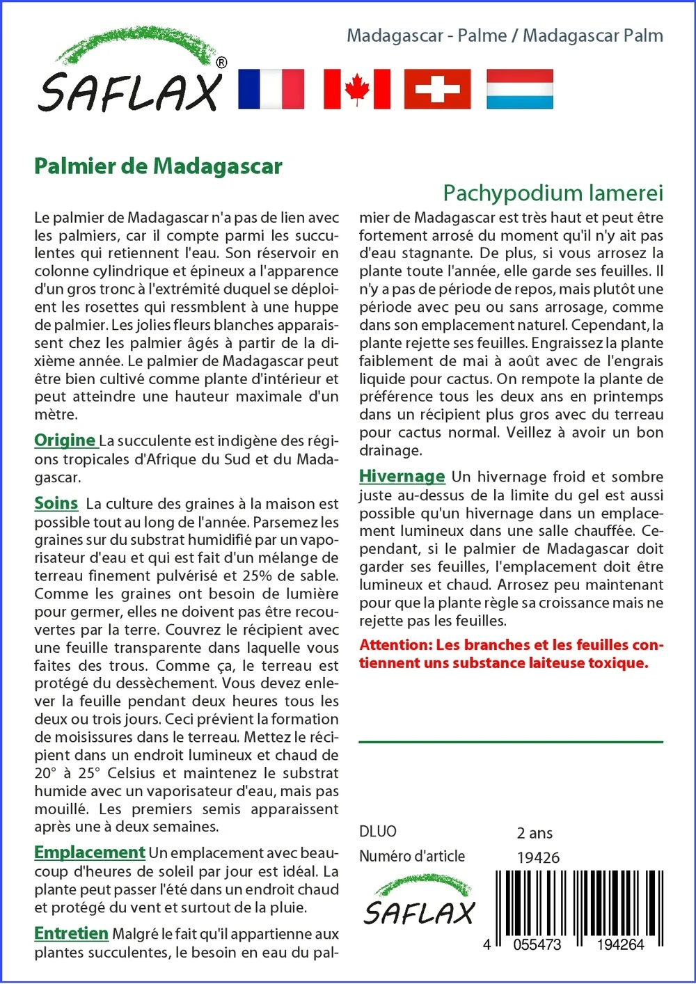Kit De Culture - Palmier De Madagascar - 10 Graines - Pachypodium Lamerei 5 Kit De Culture - Palmier De Madagascar - 10 Graines - Pachypodium Lamerei – Image 3